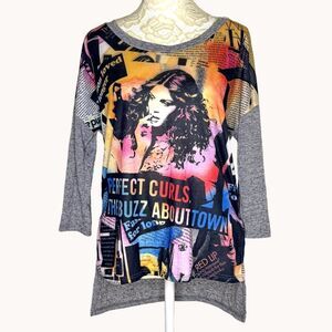 Sweet Rain Novelty Graphic Knit Top Blouse High Low Gray S